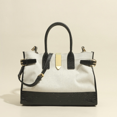 Cowhide stitching canvas bag trendy large-capacity handbag 61